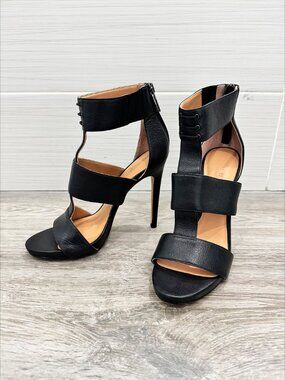 NEW Halston Heritage Soft Black Leather Cage Heels Sandal size 6 US